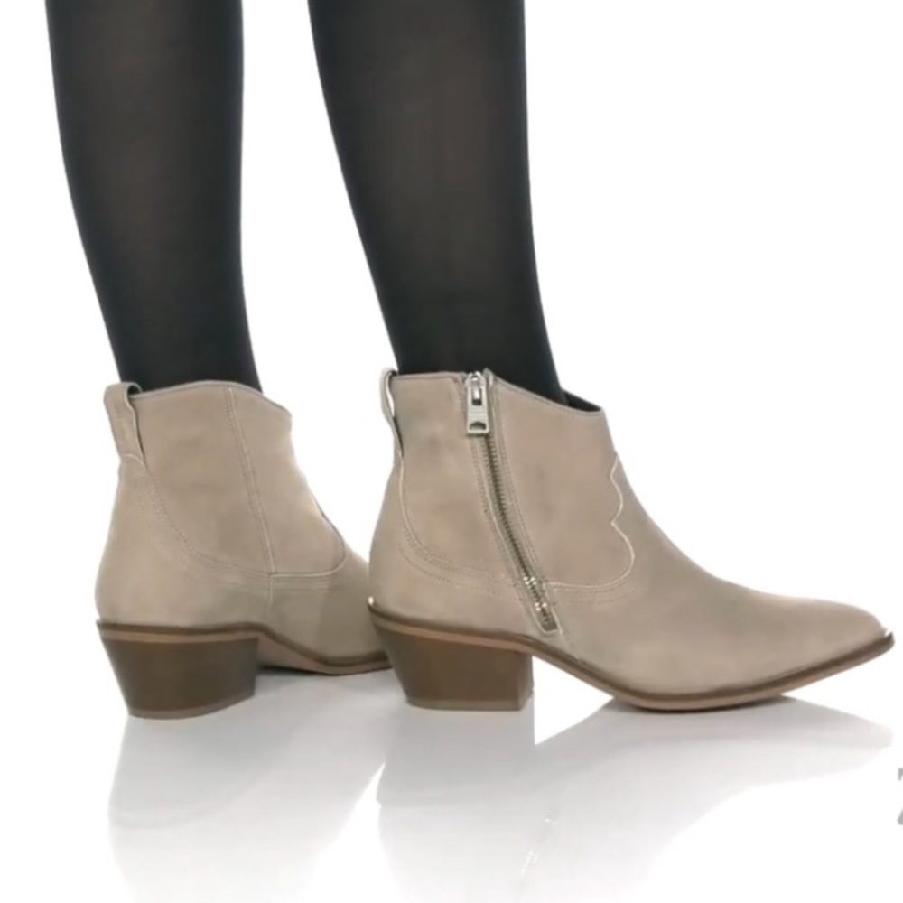 NWT Allsaints Carlotta Suede Western Ankle Bootie Stone Tan Gray Size 8